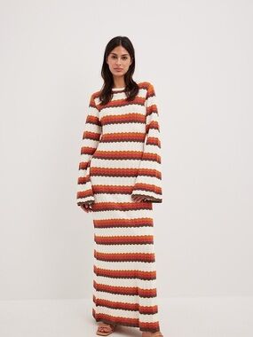 Striped Crochet Maxi Dress in Cream, Rust & Brown